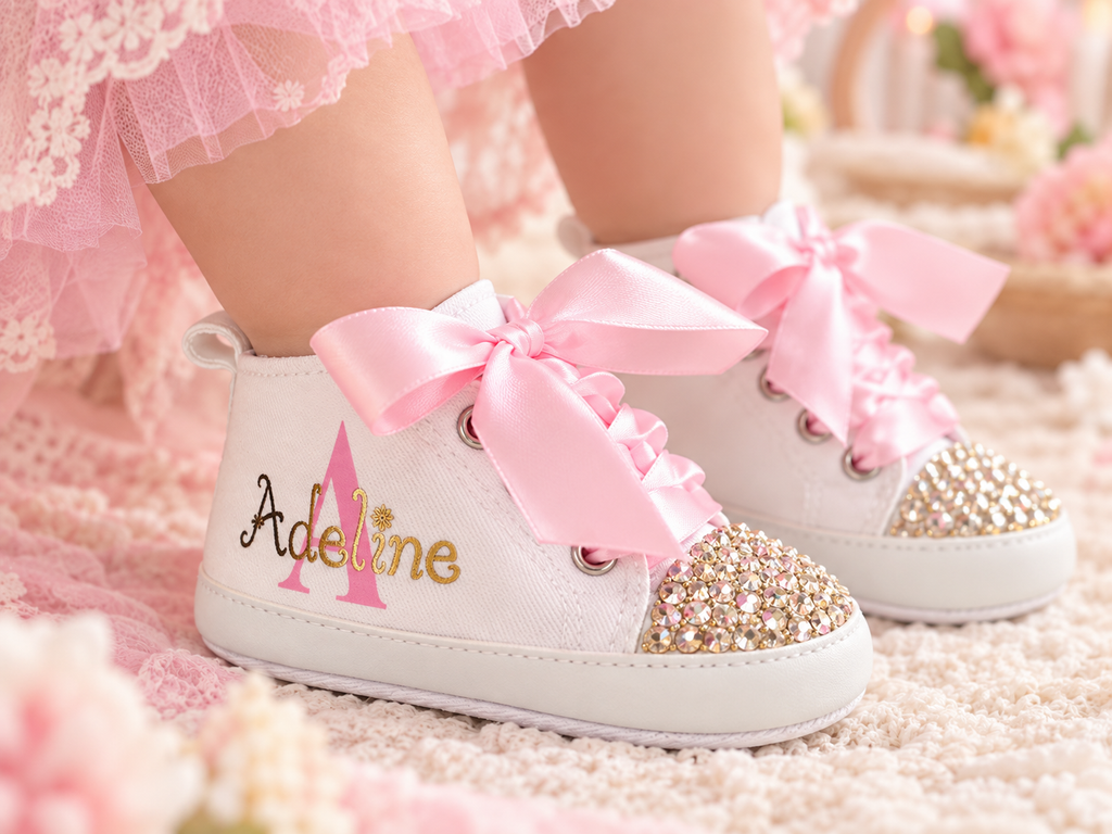 Personalized Baby Girl Shoes – Pink Gold Monogram Soft Sole Crib Sneakers & Baby Gift
