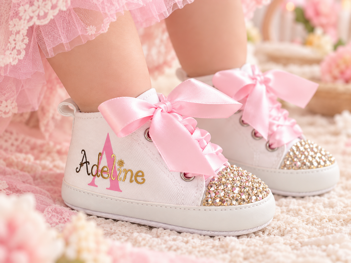 Personalized Baby Girl Shoes – Pink Gold Monogram Soft Sole Crib Sneakers & Baby Gift