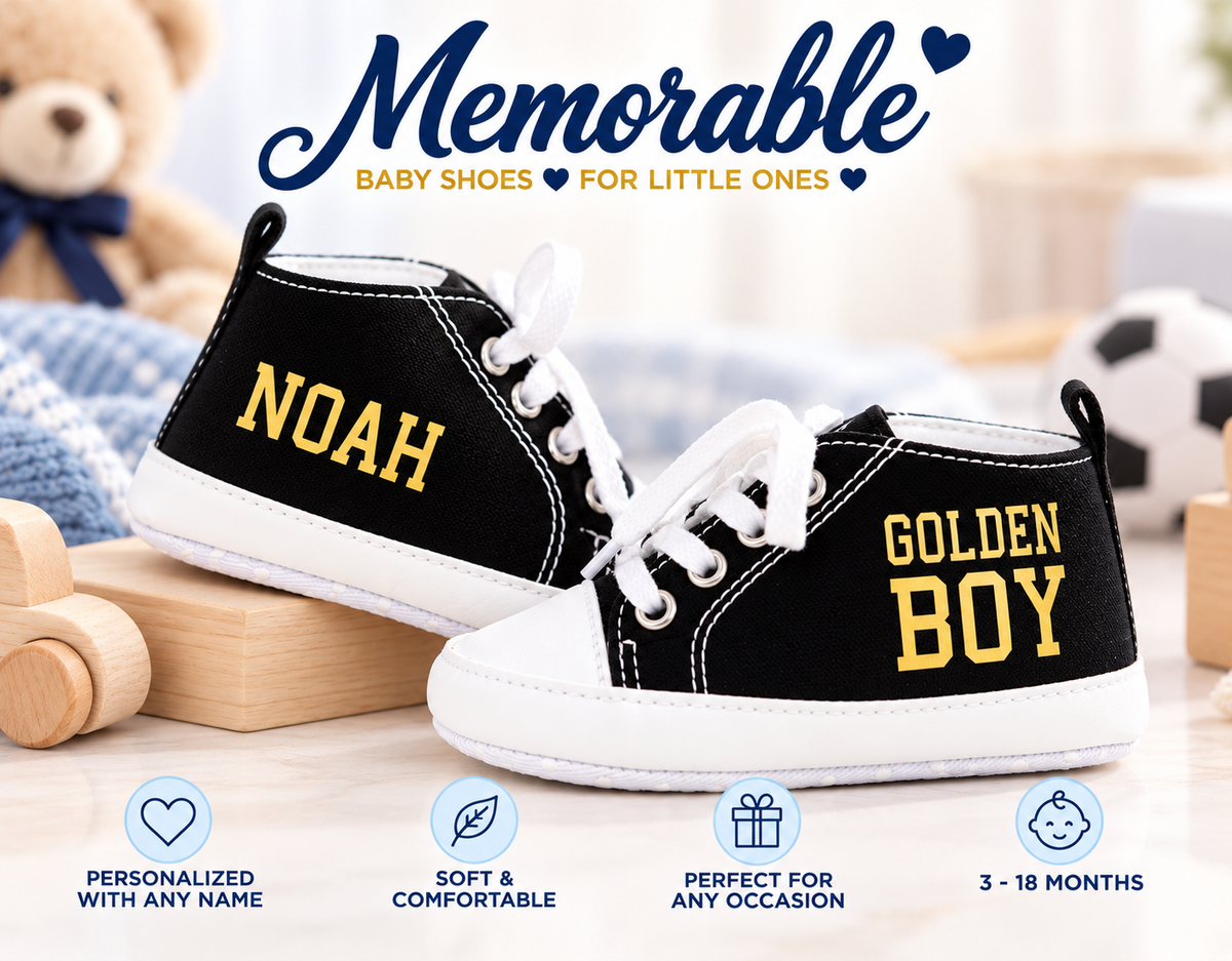 Personalized Baby Boy Shoes – Golden Boy Black Soft Sole Crib Sneakers & Baby Gift