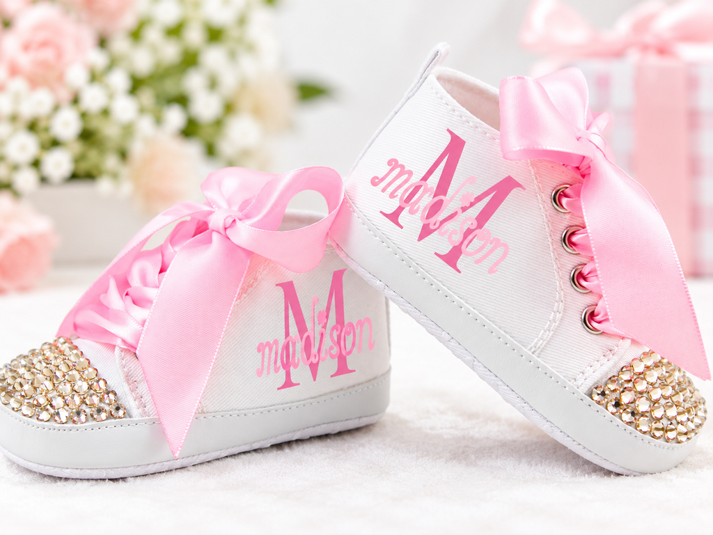 Personalized Baby Girl Shoes – Pink Monogram Soft Sole Crib Sneakers & Baby Gift