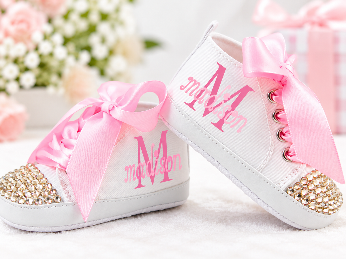 Personalized Baby Girl Shoes – Pink Monogram Soft Sole Crib Sneakers & Baby Gift
