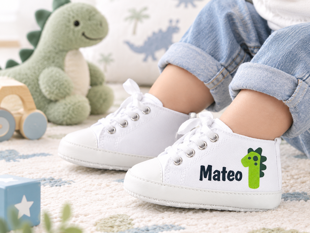 Personalized Dinosaur First Birthday Baby Boy Shoes – Dino Cake Smash Sneakers