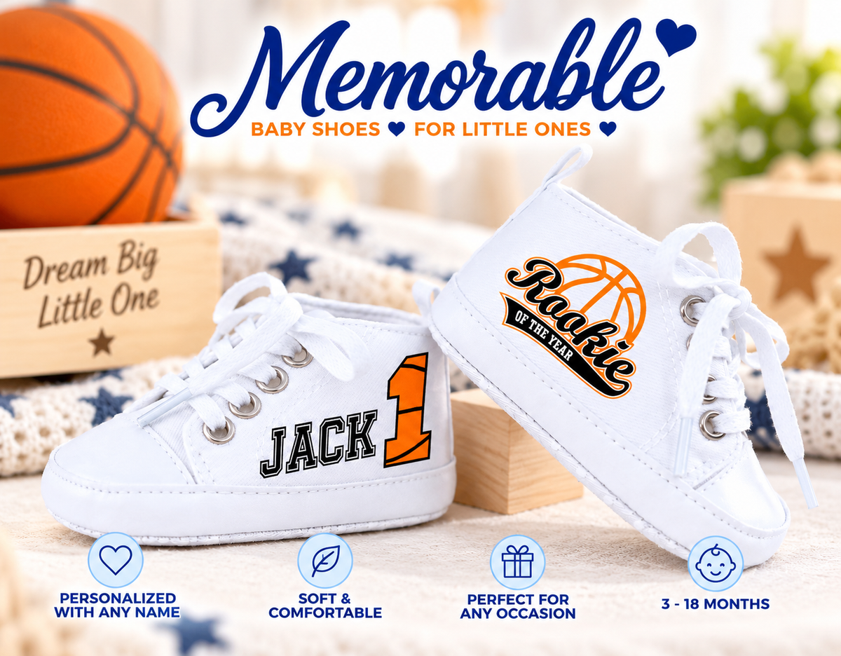 Personalized Rookie of the Year Baby Boy Shoes – Basketball First Birthday & Cake Smash Sneakers