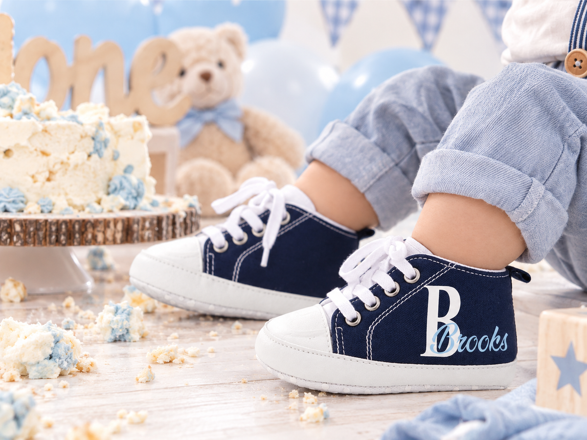 Personalized Baby Boy Shoes – Blue Monogram Soft Sole Crib Sneakers & Baby Gift