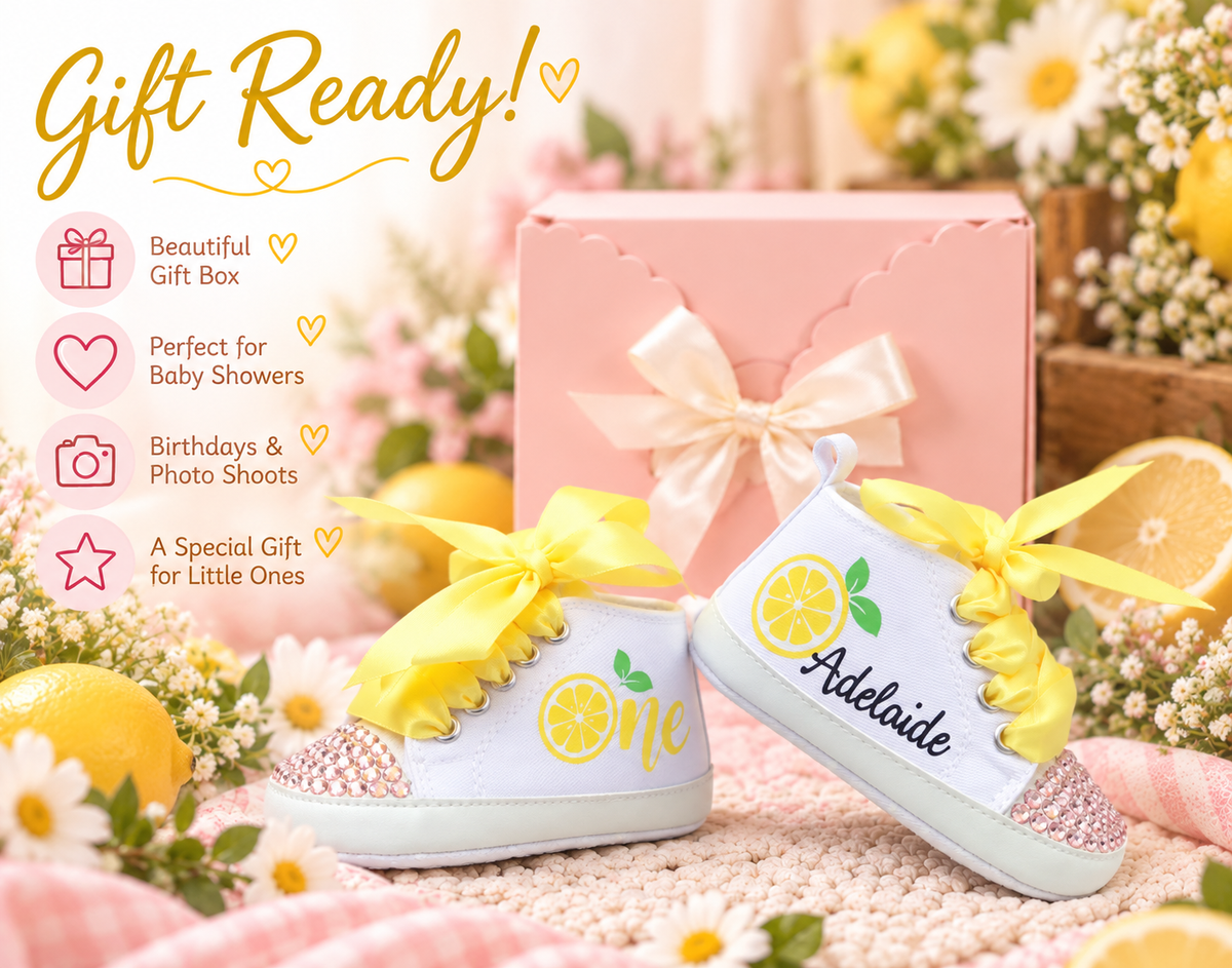 Personalized Baby Girl First Birthday Shoes – One Sweet Lemon Lemonade Cake Smash Shoes
