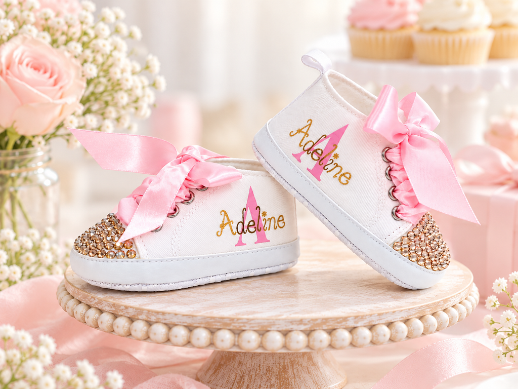 Personalized Baby Girl Shoes – Pink Gold Monogram Soft Sole Crib Sneakers & Baby Gift