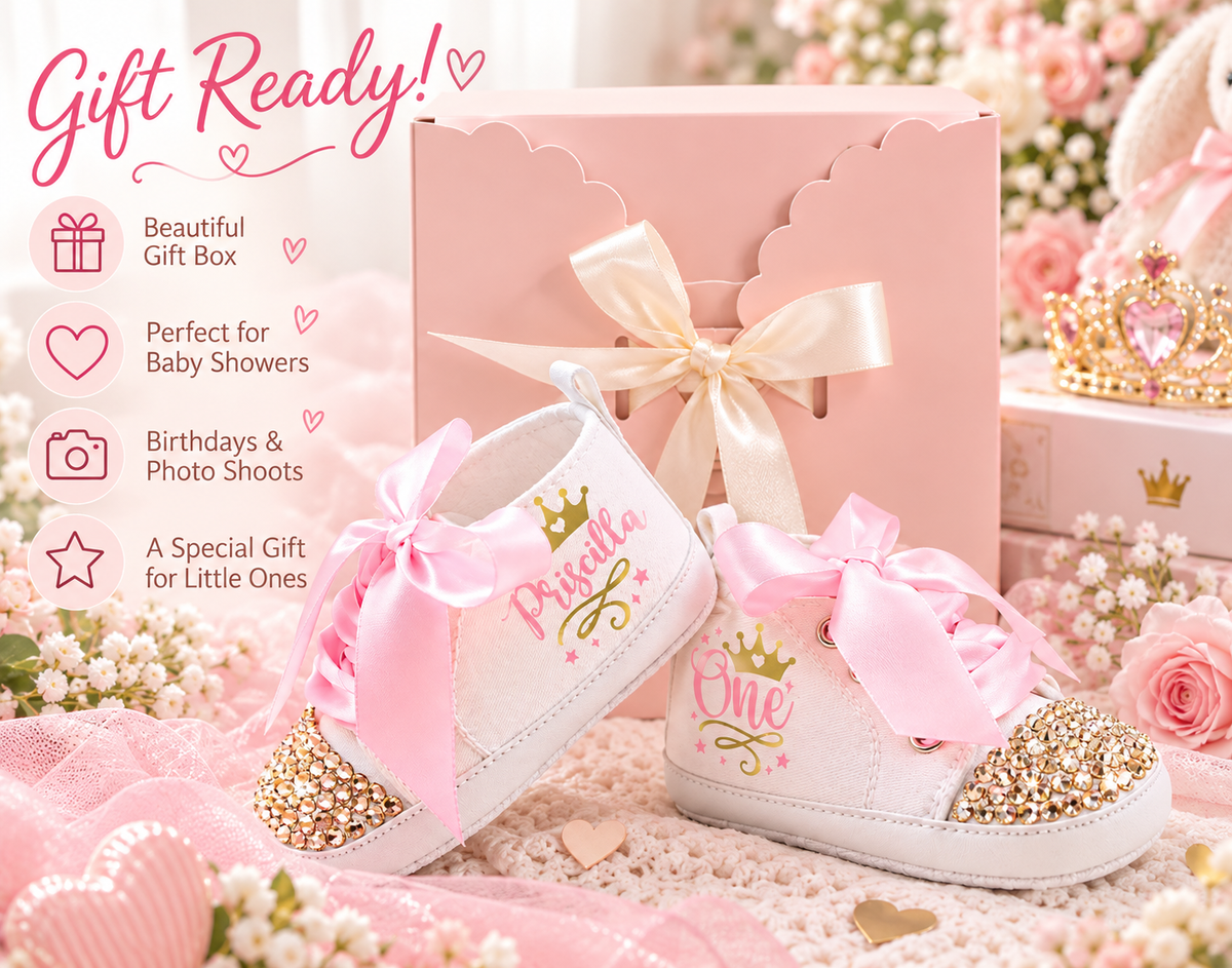 Personalized Princess First Birthday Baby Shoes – Gold Crown Birthday Sneakers for Girls