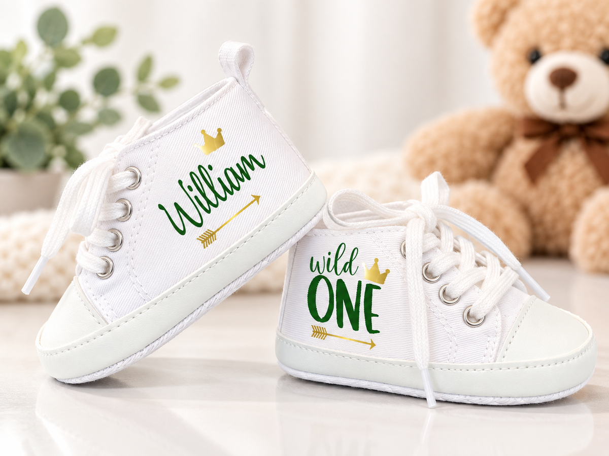 Personalized Wild One Baby Boy Shoes – Safari First Birthday & Cake Smash Sneakers