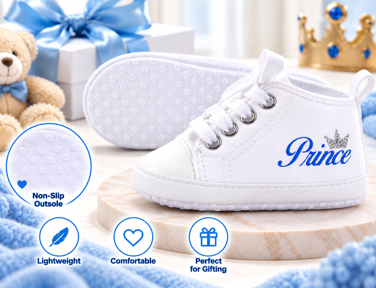 Personalized Prince Baby Boy Shoes – Silver Crown Soft Sole Crib Sneakers & Baby Gift