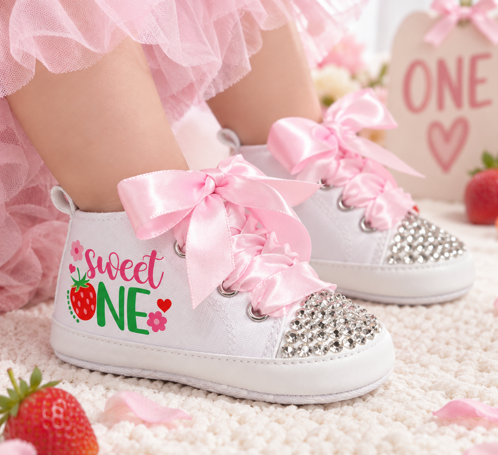 Personalized Strawberry First Birthday Shoes – Berry Sweet One Baby Girl Cake Smash Sneakers