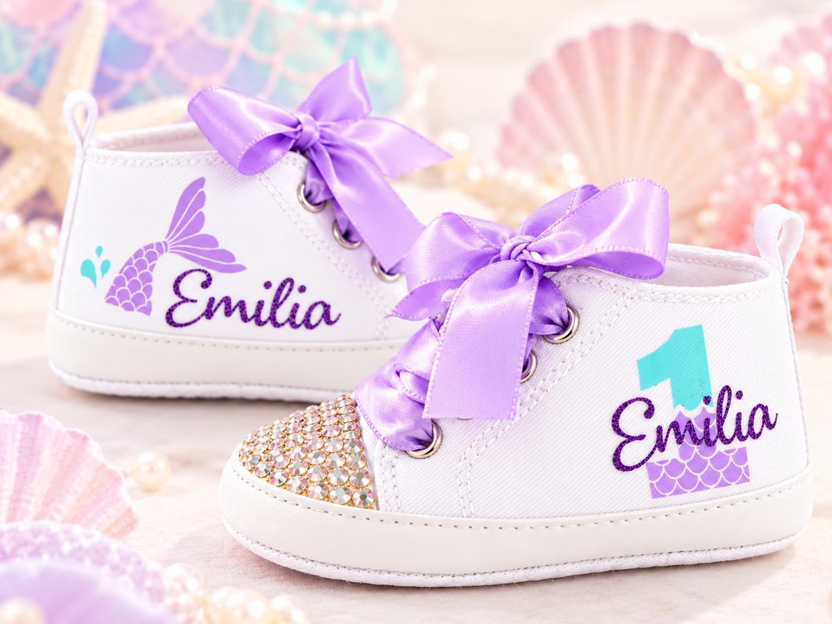 Personalized Mermaid First Birthday Shoes – Under the Sea Baby Girl Cake Smash Shoes