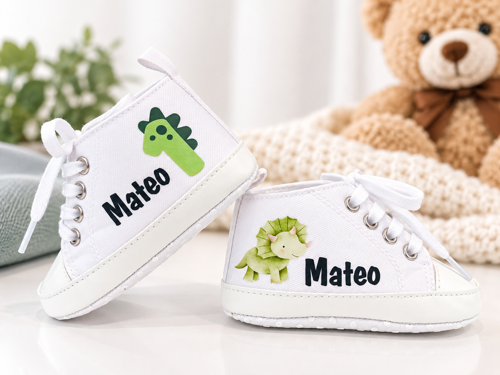 Personalized Dinosaur First Birthday Baby Boy Shoes – Dino Cake Smash Sneakers