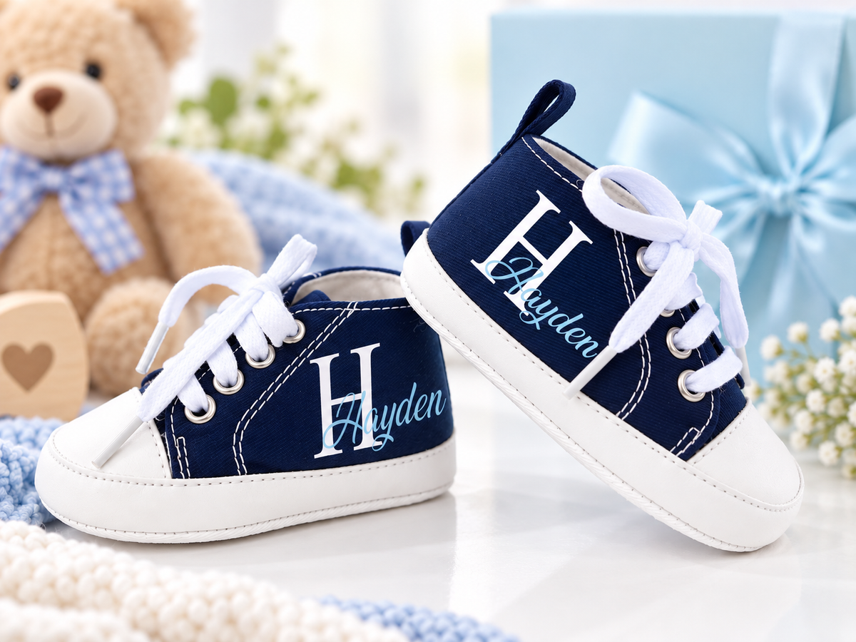 Personalized Baby Boy Shoes – Blue Monogram Soft Sole Crib Sneakers & Baby Gift