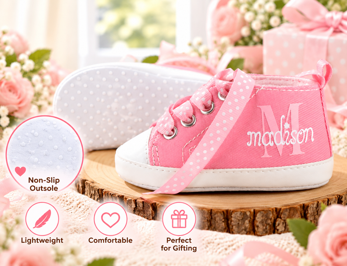 Personalized Baby Girl Shoes – Pink Monogram Soft Sole Crib Sneakers & Baby Gift