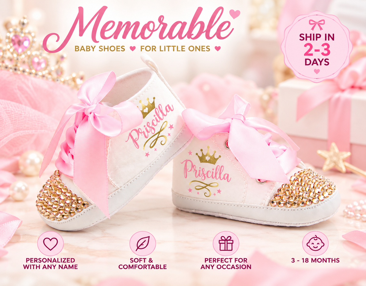 Personalized Princess Baby Girl Shoes – Pink Gold Crown Birthday Shoes & Baby Shower Gift