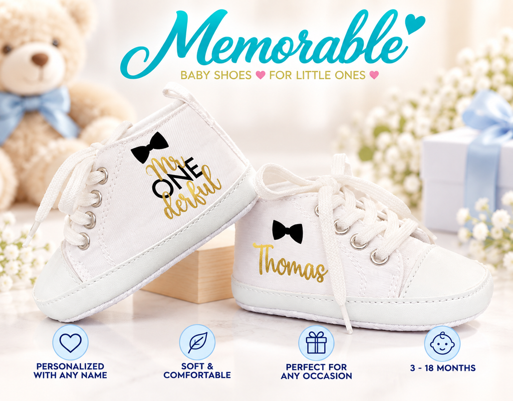 Personalized Mr. One-derful Baby Boy Shoes – Bow Tie First Birthday & Cake Smash Sneakers