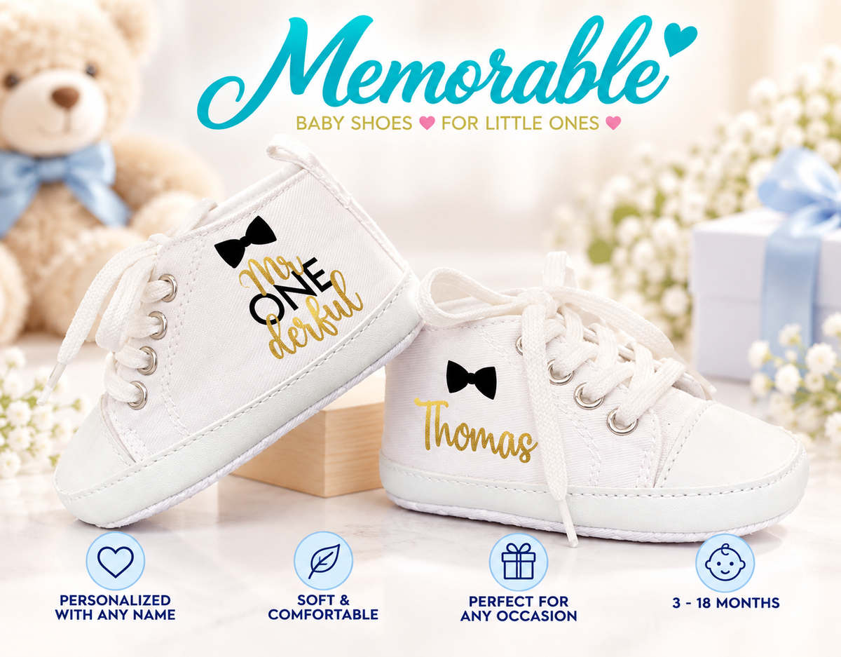 Personalized Mr. One-derful Baby Boy Shoes – Bow Tie First Birthday & Cake Smash Sneakers