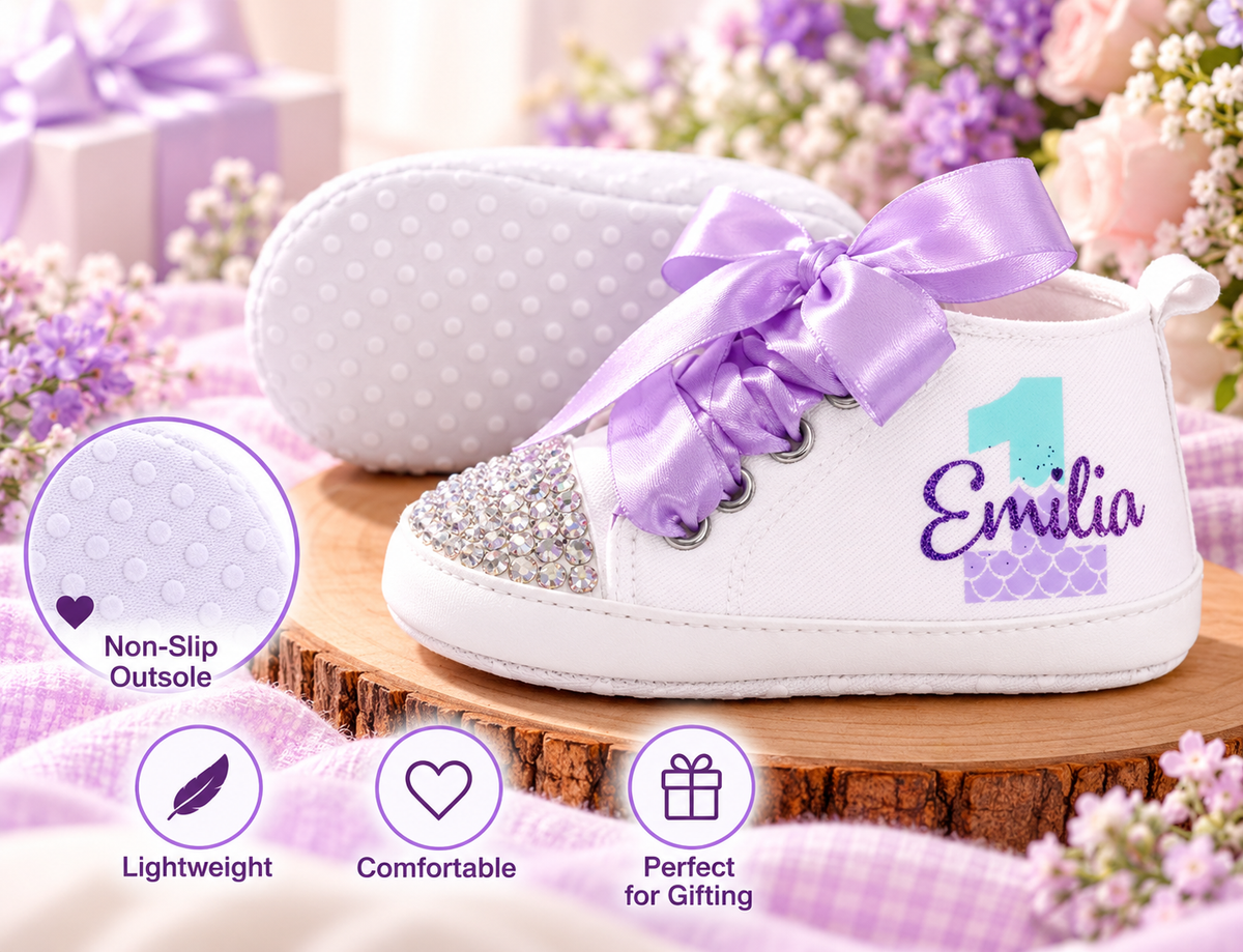 Personalized Mermaid First Birthday Shoes – Under the Sea Baby Girl Cake Smash Shoes