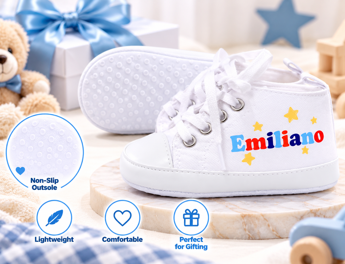 Personalized First Trip Around the Sun Baby Boy Shoes – Rocket Astronaut First Birthday & Cake Smash Sneakers
