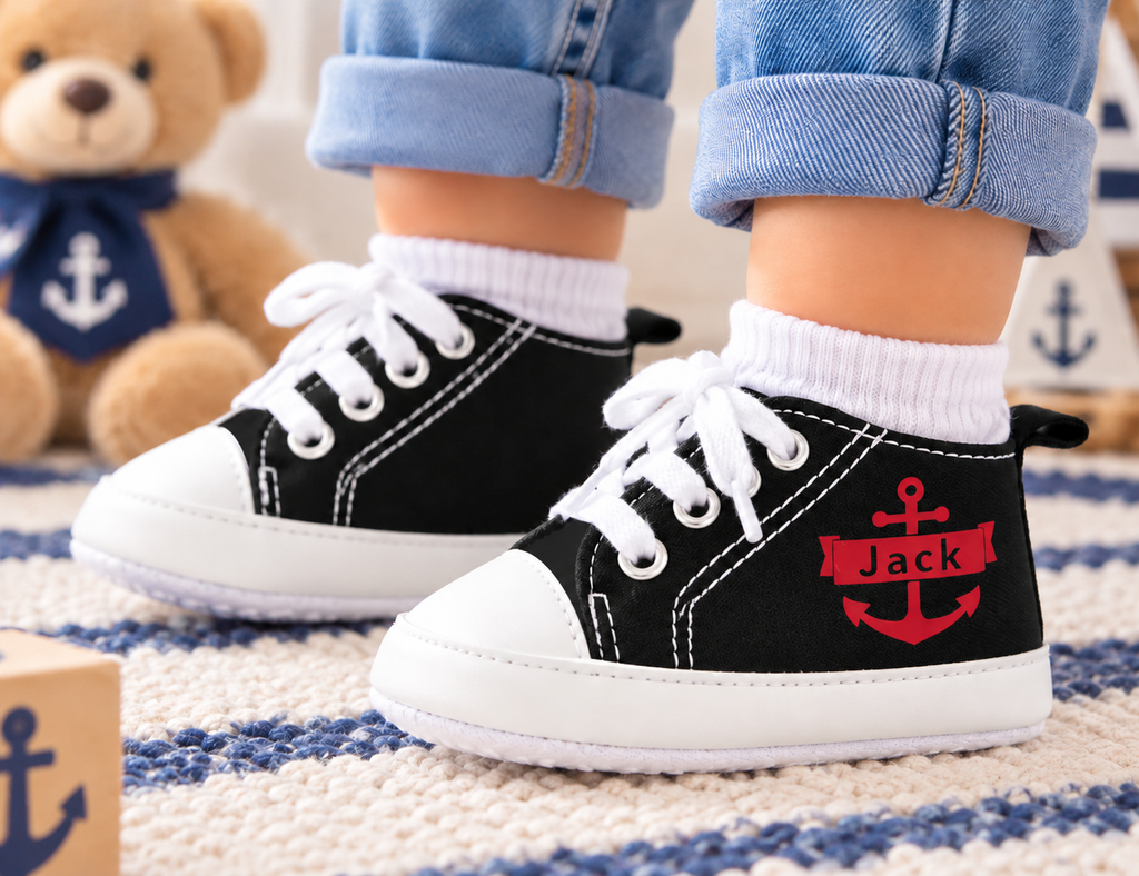 Personalized Nautical Baby Boy Shoes – Black Anchor Crib Sneakers & Baby Gift