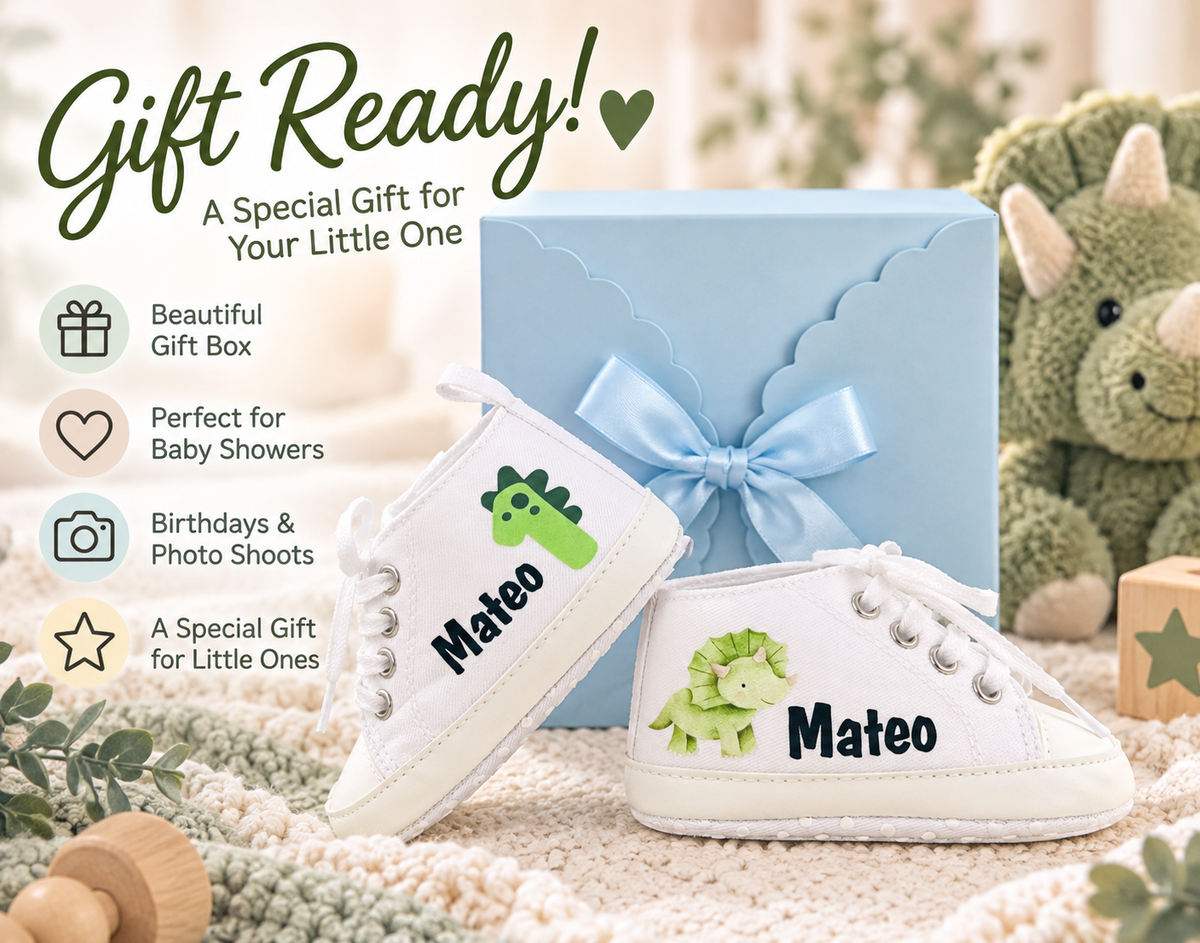 Personalized Dinosaur First Birthday Baby Boy Shoes – Dino Cake Smash Sneakers