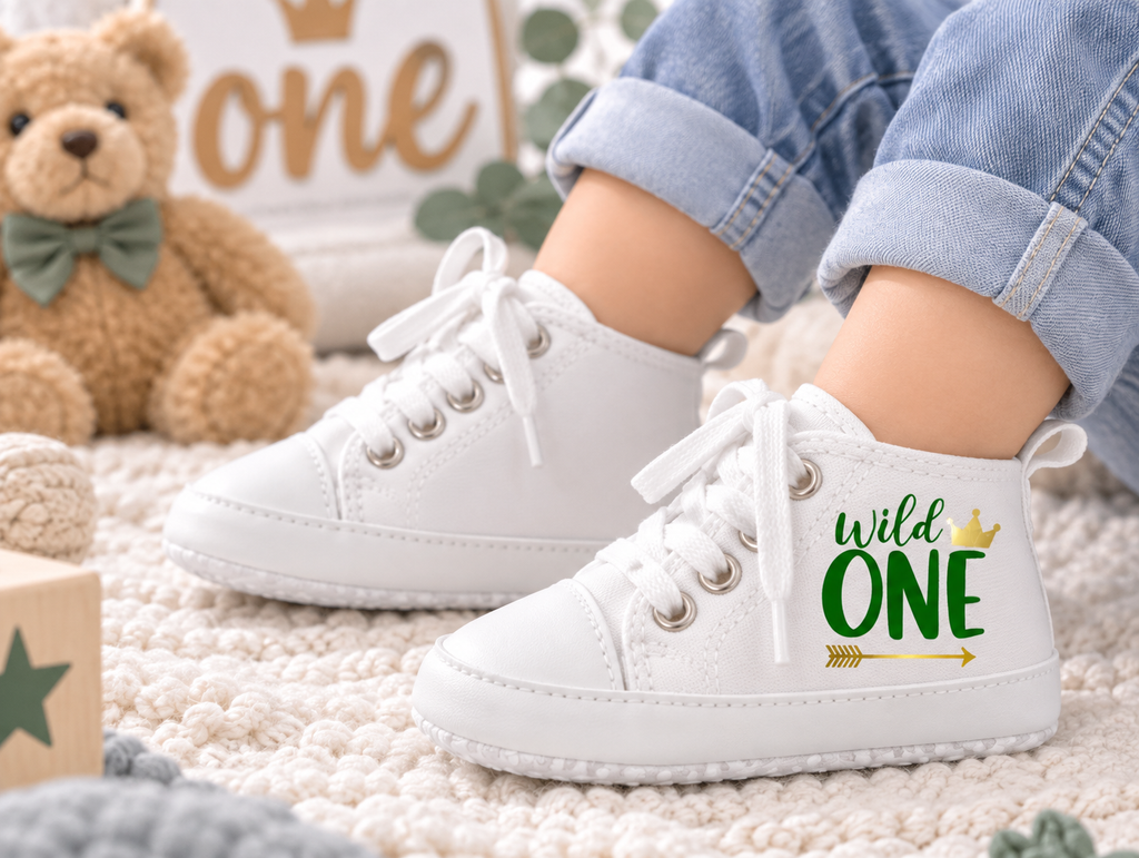 Personalized Wild One Baby Boy Shoes – Safari First Birthday & Cake Smash Sneakers