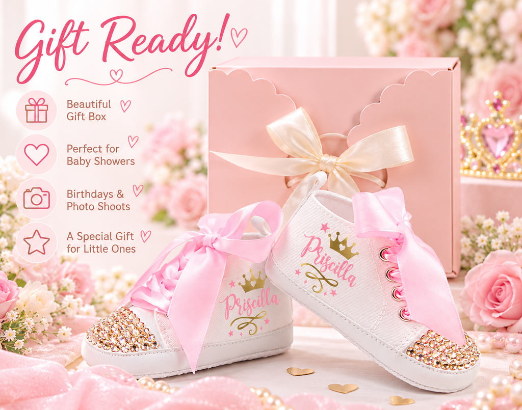 Personalized Princess Baby Girl Shoes – Pink Gold Crown Birthday Shoes & Baby Shower Gift