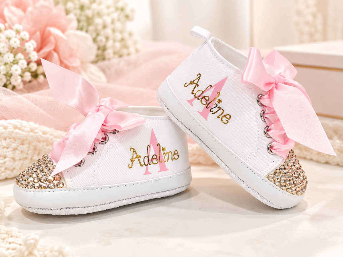 Personalized Baby Girl Shoes – Pink Gold Monogram Soft Sole Crib Sneakers & Baby Gift