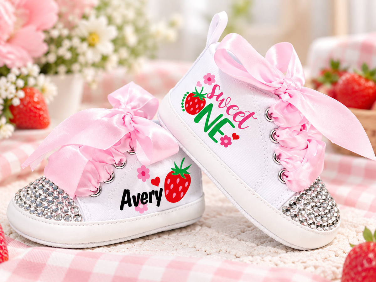 Personalized Strawberry First Birthday Shoes – Berry Sweet One Baby Girl Cake Smash Sneakers