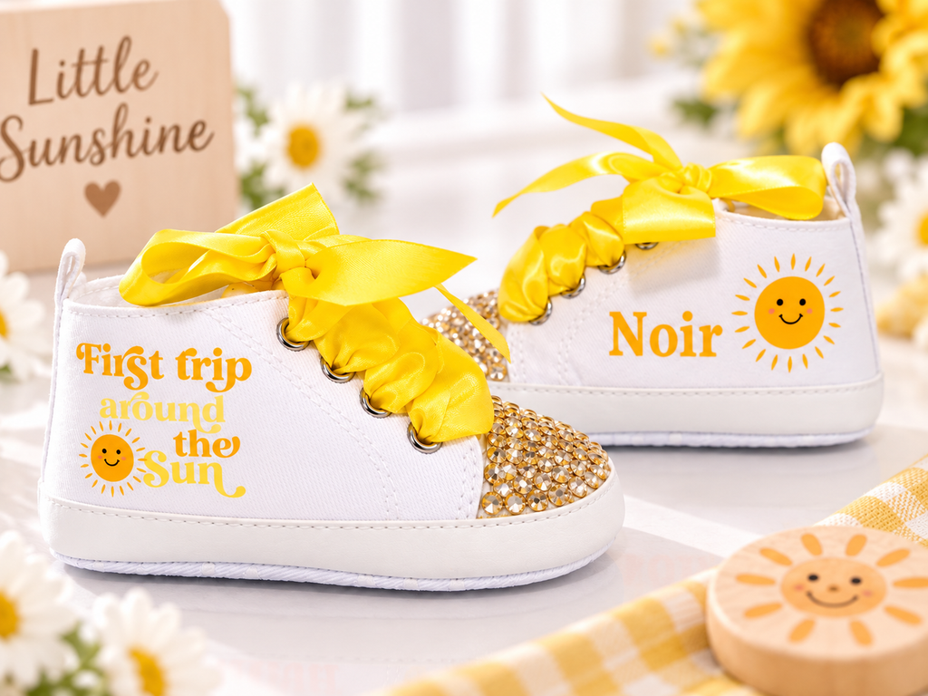 Personalized First Trip Around the Sun Baby Girl Shoes – 1st Birthday & Cake Smash Sneakers