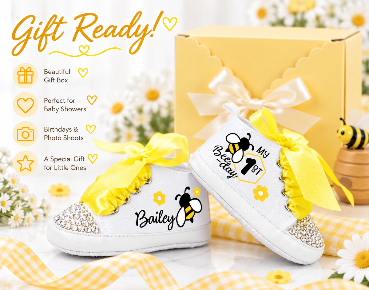 Personalized First Bee Day Baby Girl Shoes – Bee First Birthday & Cake Smash Sneakers