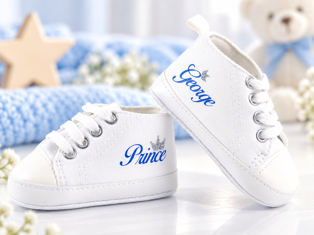 Personalized Prince Baby Boy Shoes – Silver Crown Soft Sole Crib Sneakers & Baby Gift