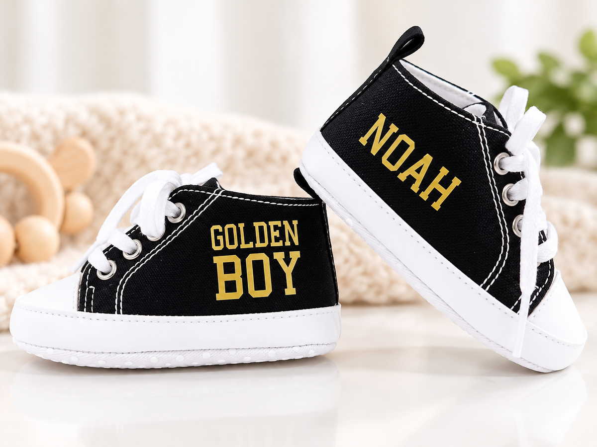 Personalized Baby Boy Shoes – Golden Boy Black Soft Sole Crib Sneakers & Baby Gift