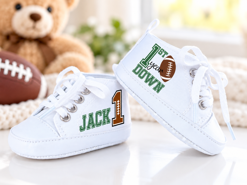 Personalized First Year Down Baby Boy Shoes – Football First Birthday & Cake Smash Sneakers
