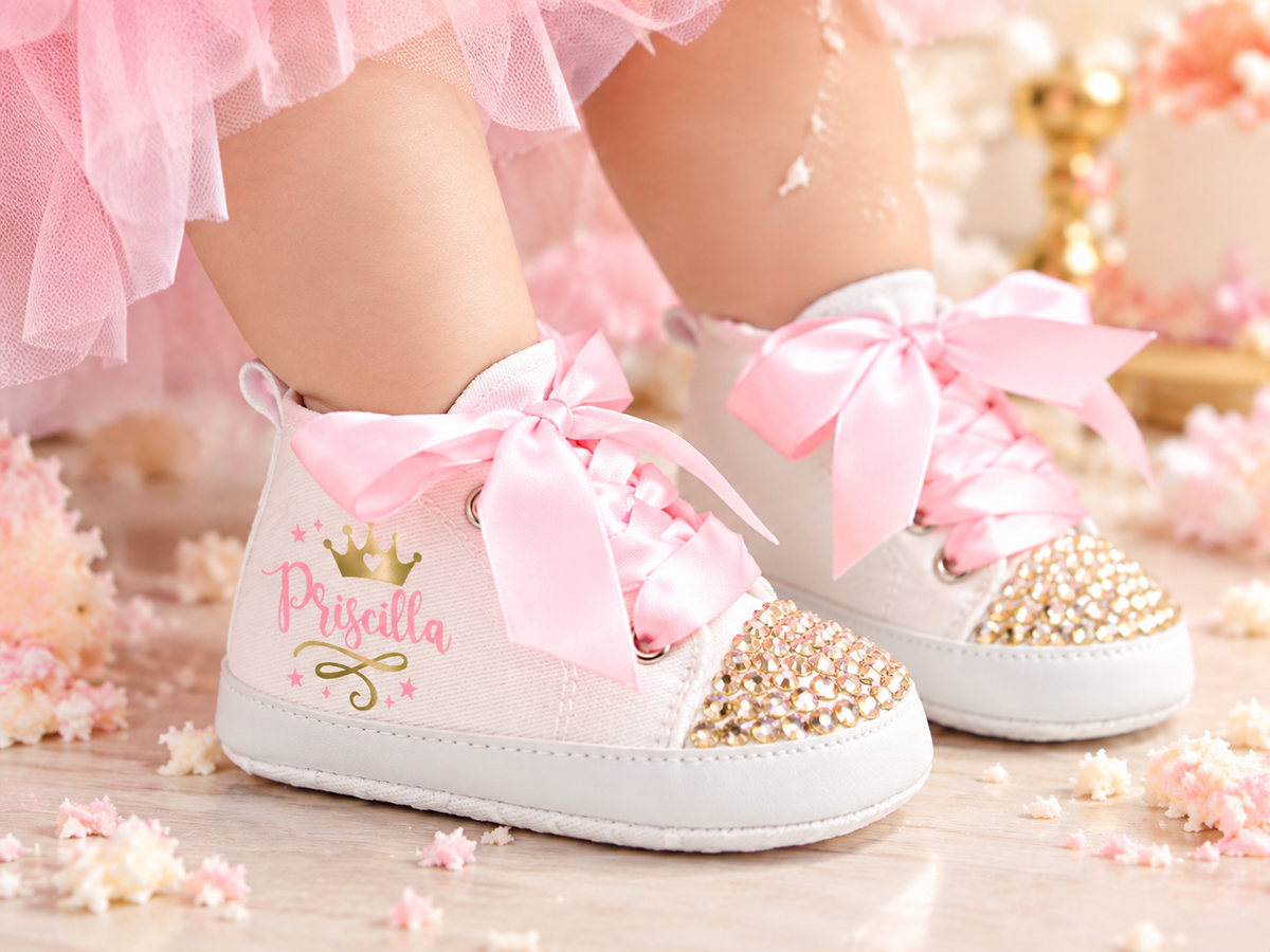 Personalized Princess Baby Girl Shoes – Pink Gold Crown Birthday Shoes & Baby Shower Gift