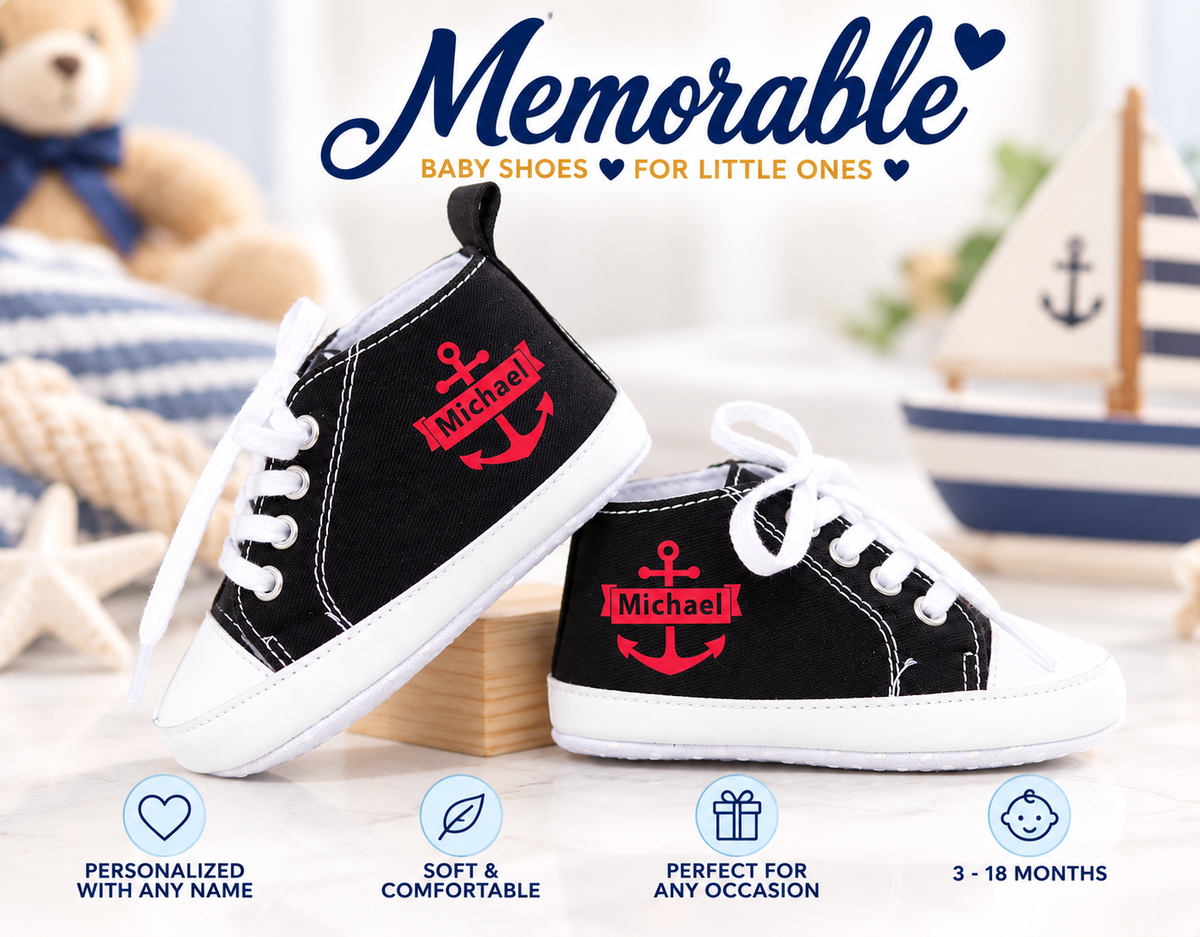 Personalized Nautical Baby Boy Shoes – Black Anchor Crib Sneakers & Baby Gift