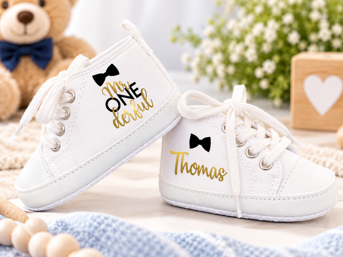Personalized Mr. One-derful Baby Boy Shoes – Bow Tie First Birthday & Cake Smash Sneakers
