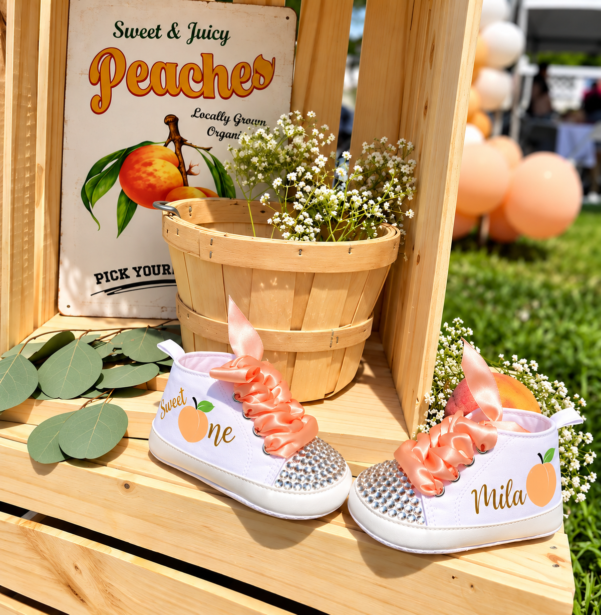 Personalized Baby Girl First Birthday Shoes – One Sweet Peach Cake Smash Shoes
