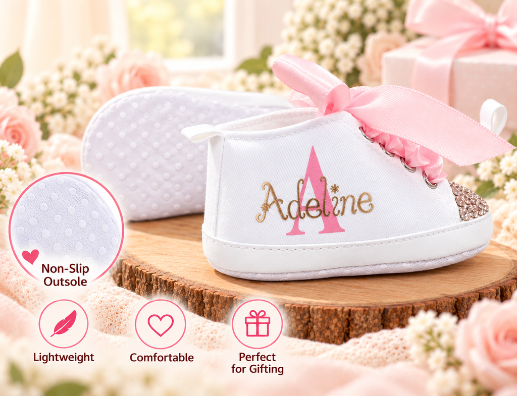 Personalized Baby Girl Shoes – Pink Gold Monogram Soft Sole Crib Sneakers & Baby Gift
