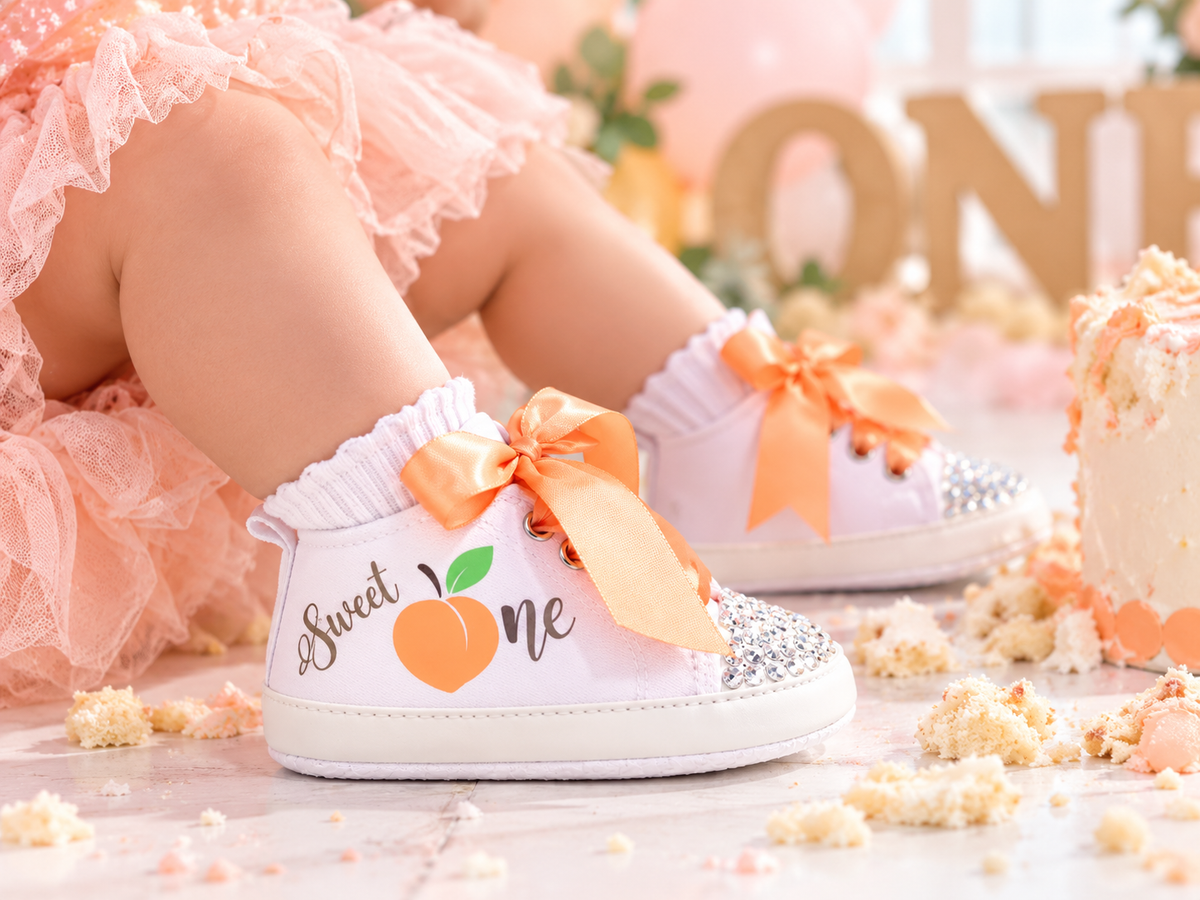 Personalized Baby Girl First Birthday Shoes – One Sweet Peach Cake Smash Shoes
