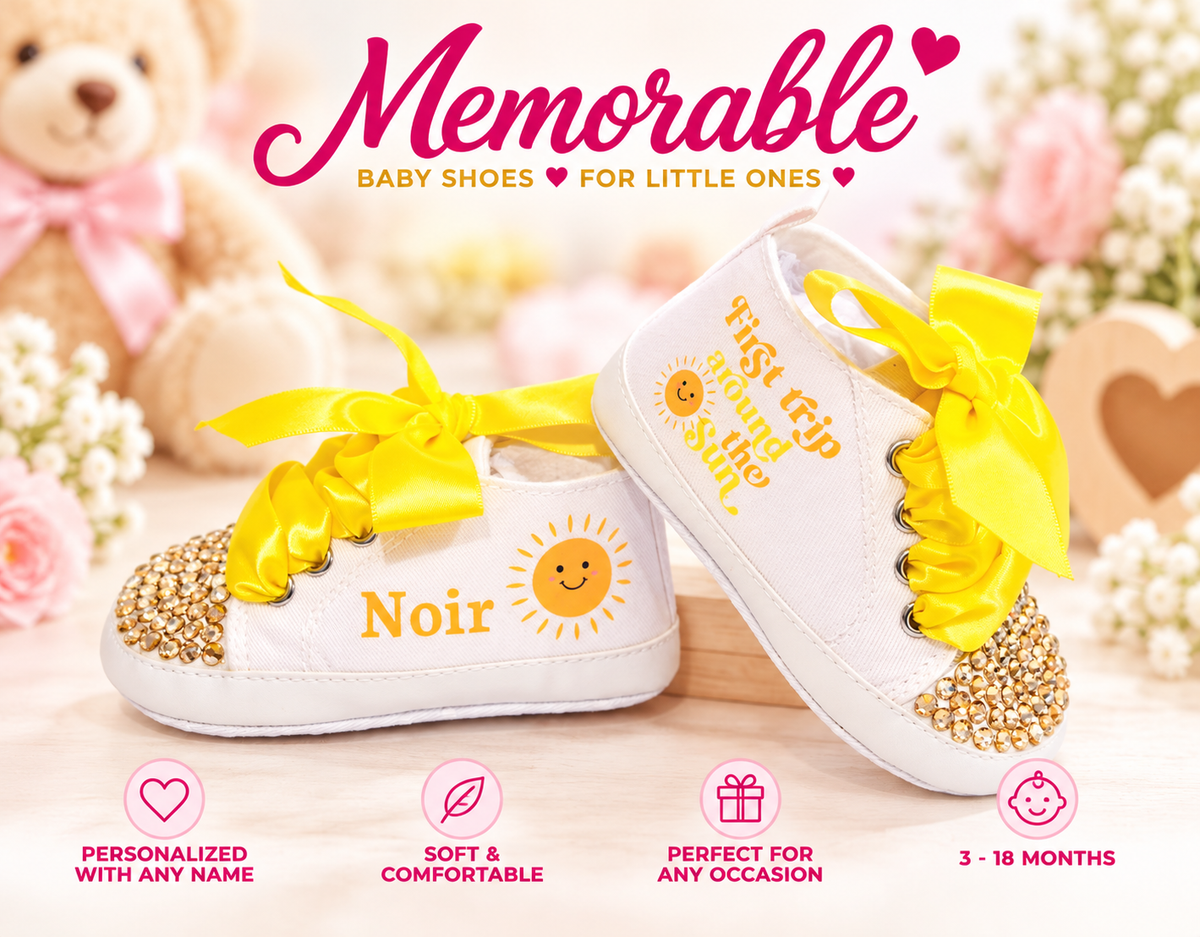 Personalized First Trip Around the Sun Baby Girl Shoes – 1st Birthday & Cake Smash Sneakers