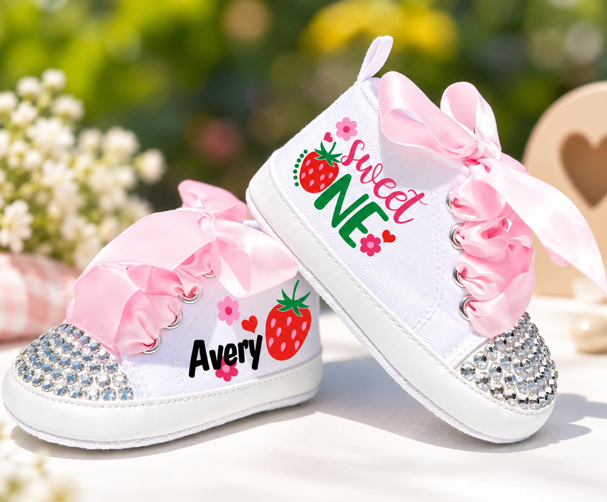 Personalized Strawberry First Birthday Shoes – Berry Sweet One Baby Girl Cake Smash Sneakers