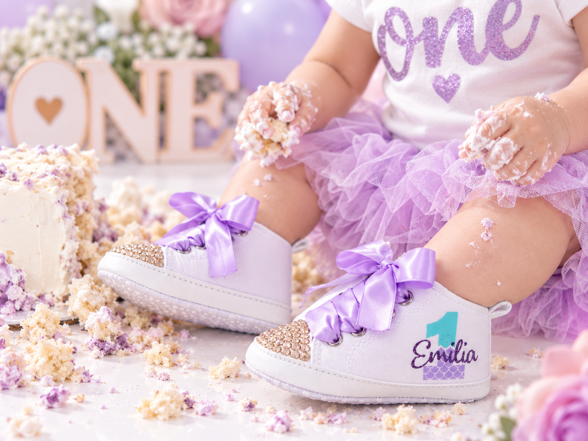 Personalized Mermaid First Birthday Shoes – Under the Sea Baby Girl Cake Smash Shoes