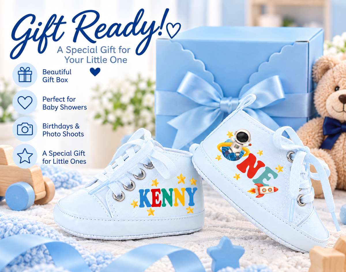 Personalized First Trip Around the Sun Baby Boy Shoes – Rocket Astronaut First Birthday & Cake Smash Sneakers