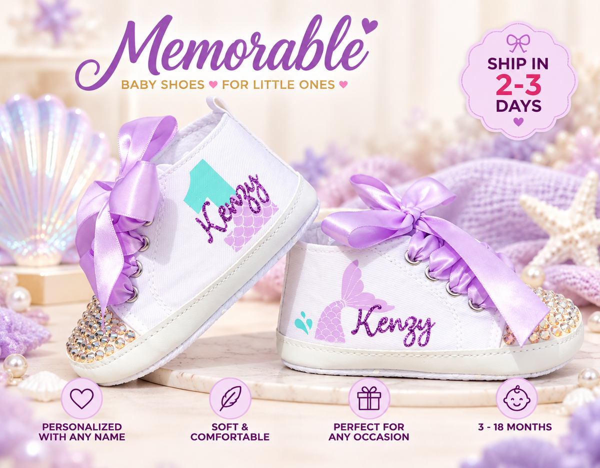 Personalized Mermaid First Birthday Shoes – Under the Sea Baby Girl Cake Smash Shoes
