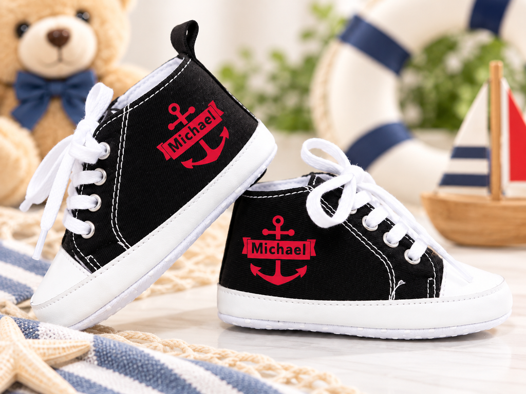 Personalized Nautical Baby Boy Shoes – Black Anchor Crib Sneakers & Baby Gift