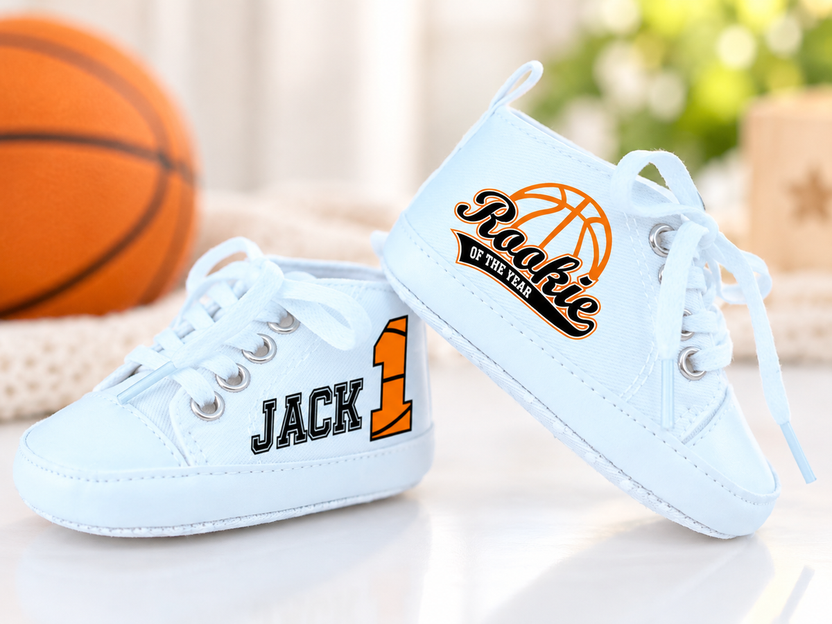 Personalized Rookie of the Year Baby Boy Shoes – Basketball First Birthday & Cake Smash Sneakers