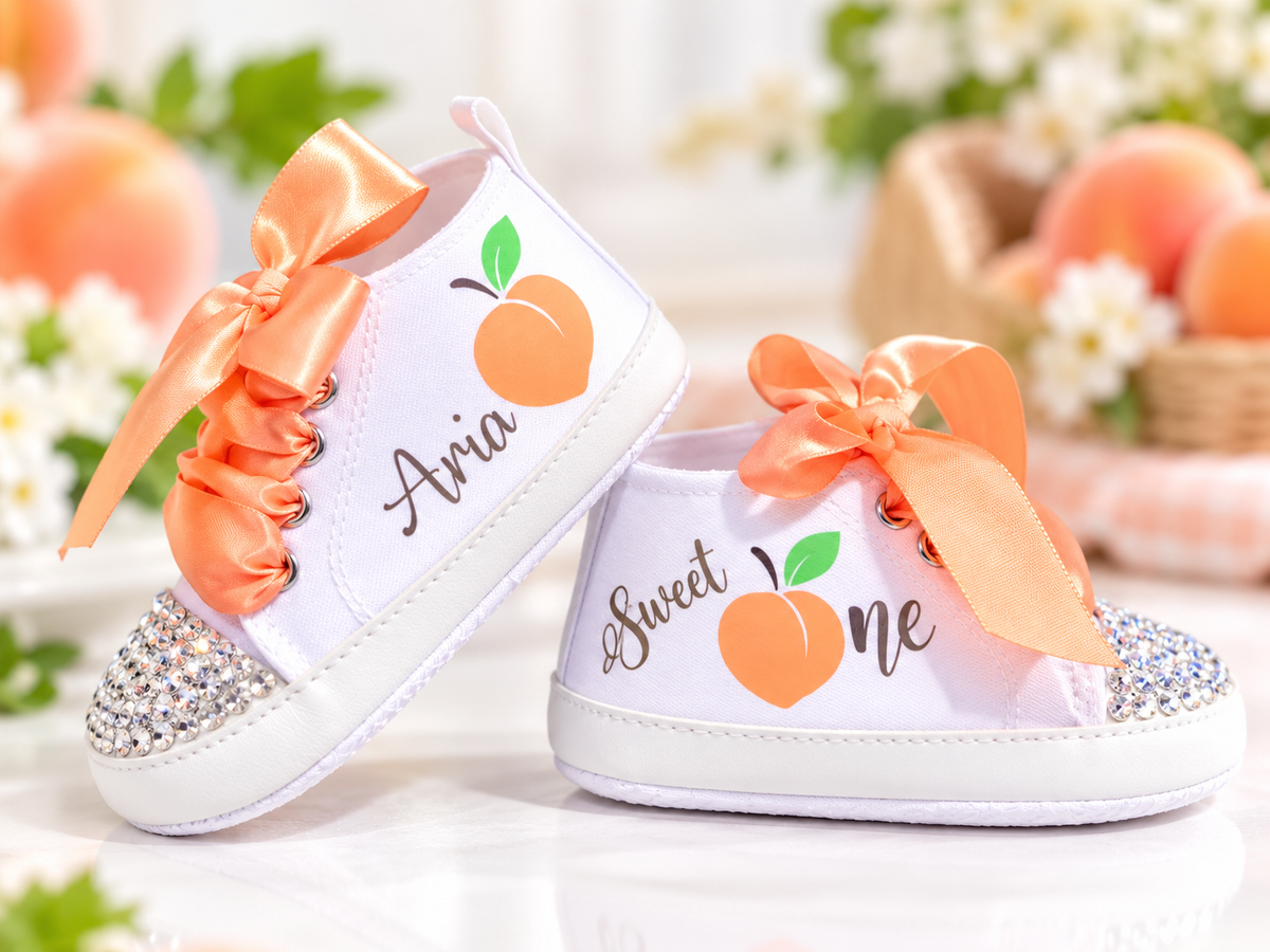 Personalized Baby Girl First Birthday Shoes – One Sweet Peach Cake Smash Shoes