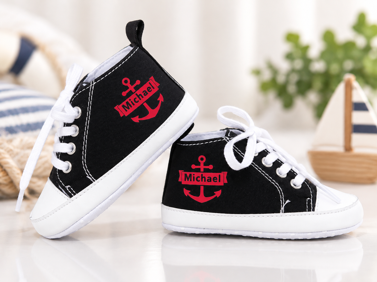 Personalized Nautical Baby Boy Shoes – Black Anchor Crib Sneakers & Baby Gift