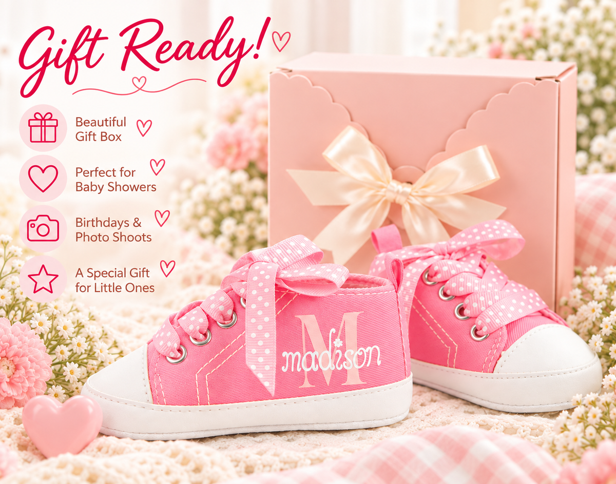 Personalized Baby Girl Shoes – Pink Monogram Soft Sole Crib Sneakers & Baby Gift